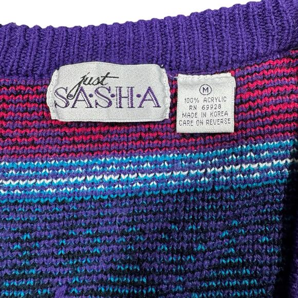 Vintage Just Sasha Geometric Purple Crop Cardigan Sweater Women’s M Boxy 80s 90s - Picture 3 of 6